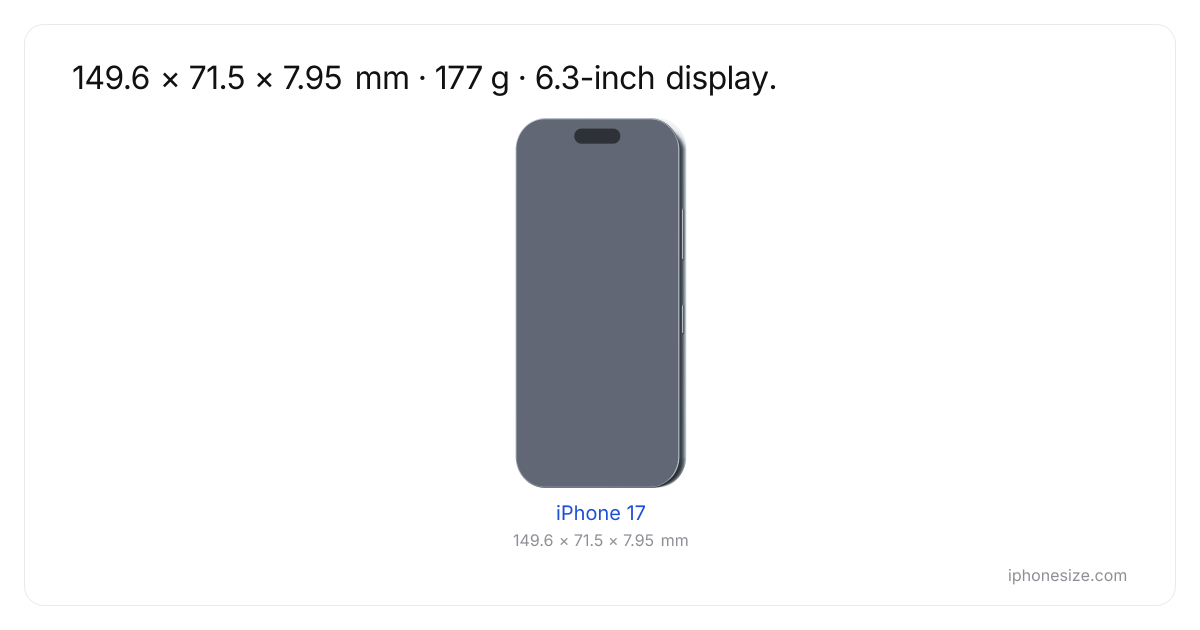 Medidas del iPhone 17 en cm: 14,96 × 7,15 cm, 177 g | iPhoneSize.com